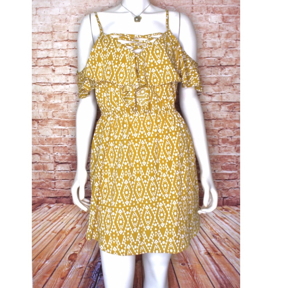Indulge Cold Shoulder Patterned Ruffle Mini Dress - Picture 1 of 7
